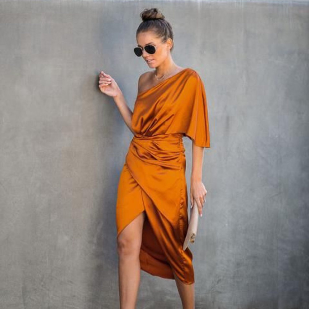 Persimmon One Shoulder Satin Drape Dress